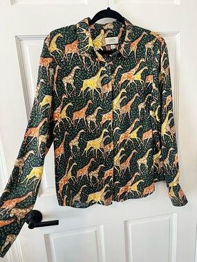 J. Crew Navy Silk Blouse with Orange & Yellow Giraffe Print